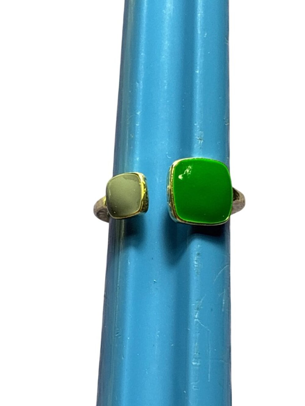 Grey and Green Enamel Squares Goldtone Ring Size 6.5